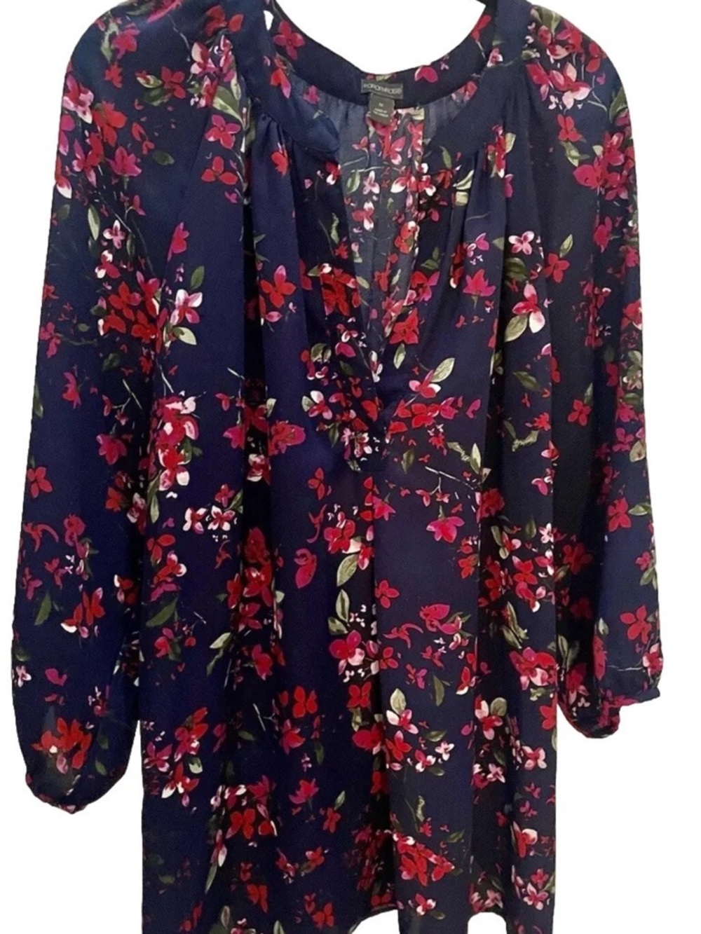 Paraphrase Size 1X Navy Blue Red Floral V Neck 3/4 Sleeve Pullover Blouse Top